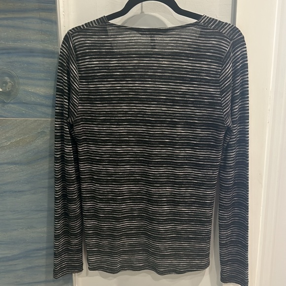 Knit v neck, attached front crossover detail. Black, grey,white thin stripes - Picture 3 of 5